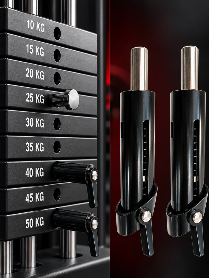 Two automatic drop-set weight stack pins shown on a numbered gym machine weight stack
