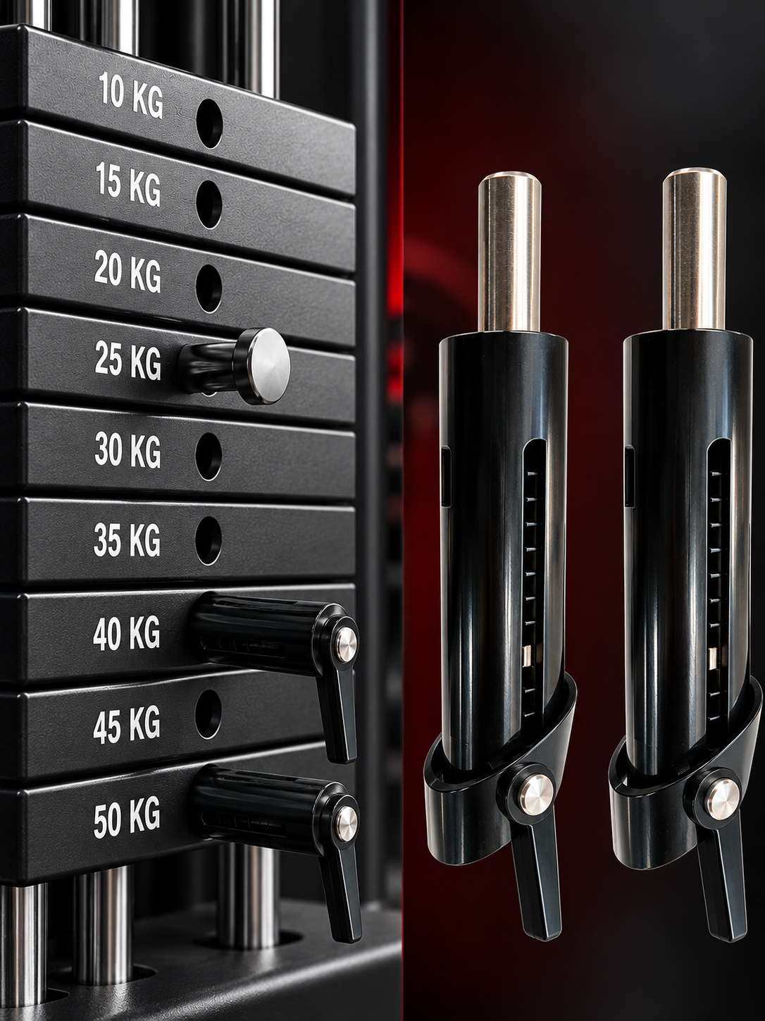 Two automatic drop-set weight stack pins shown on a numbered gym machine weight stack