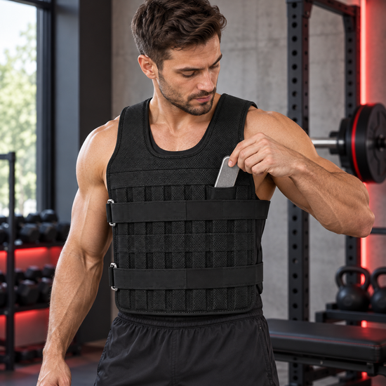 Athlete wearing the adjustable black weighted training vest and inserting a removable weight plate