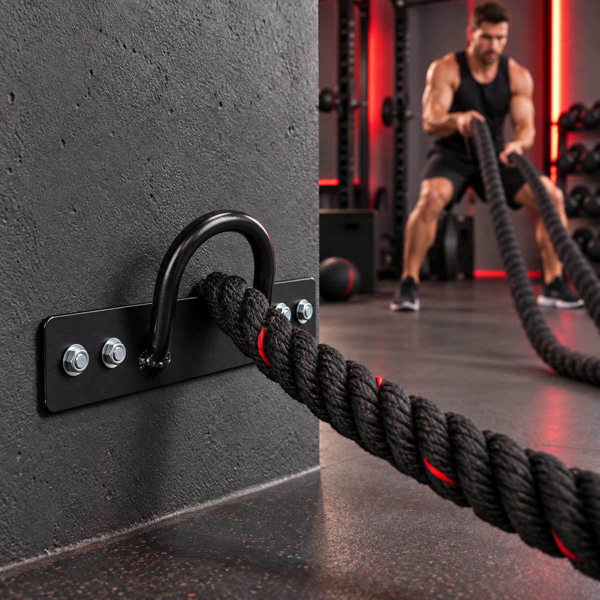 Black battle rope wall anchor installed in a home gym with rope in use