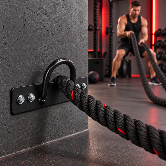 Black battle rope wall anchor installed in a home gym with rope in use