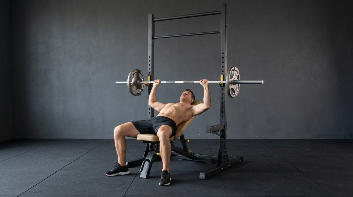 Home gym weight bench and squat rack used for bench press