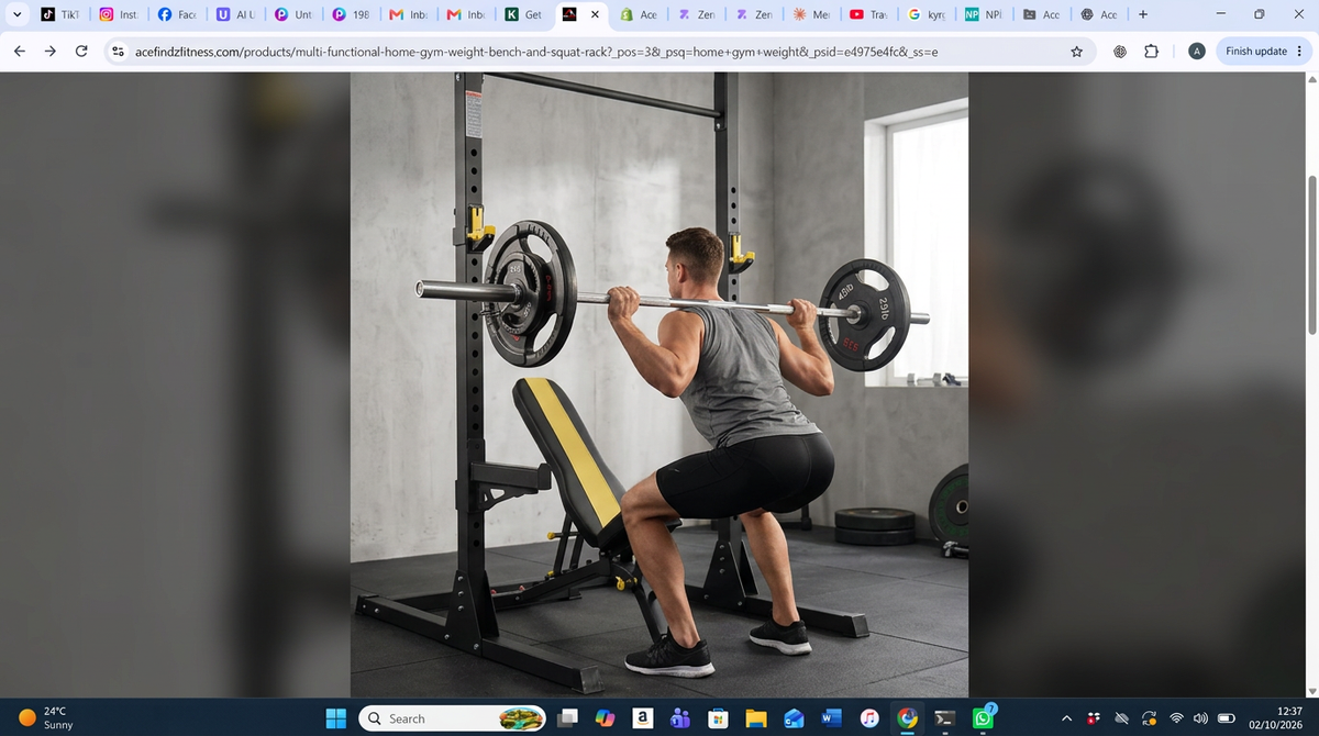 Home gym weight bench and squat rack used for squats