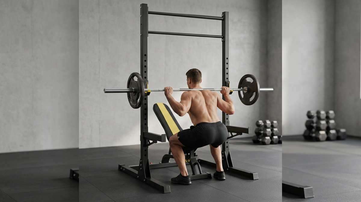 Rear view of home gym squat rack in use