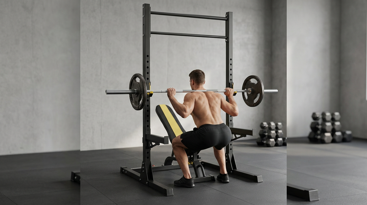 Rear view of home gym squat rack in use
