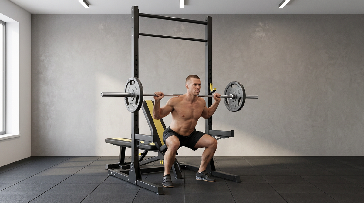 Full home gym bench and squat rack training setup