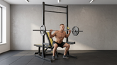 Full home gym bench and squat rack training setup