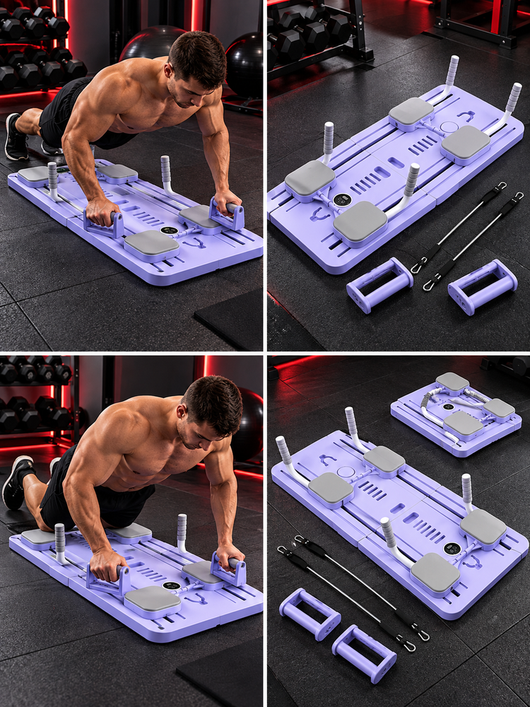 Foldable multifunctional training platform shown in multiple home gym exercise and storage configurations