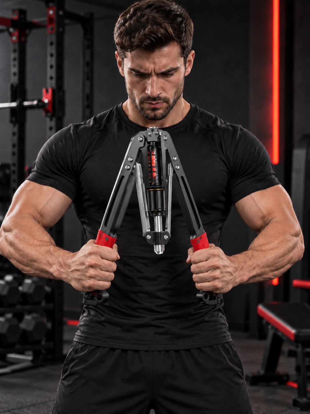 Hydraulic arm trainer demonstrated from the front in a gym