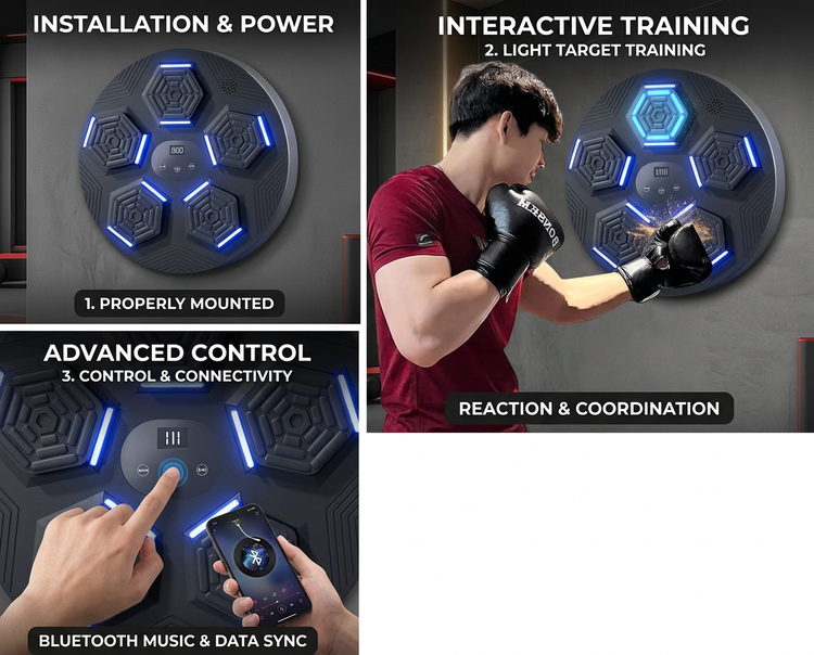 Smart Bluetooth Boxing Machine installation, interactive light training and control features