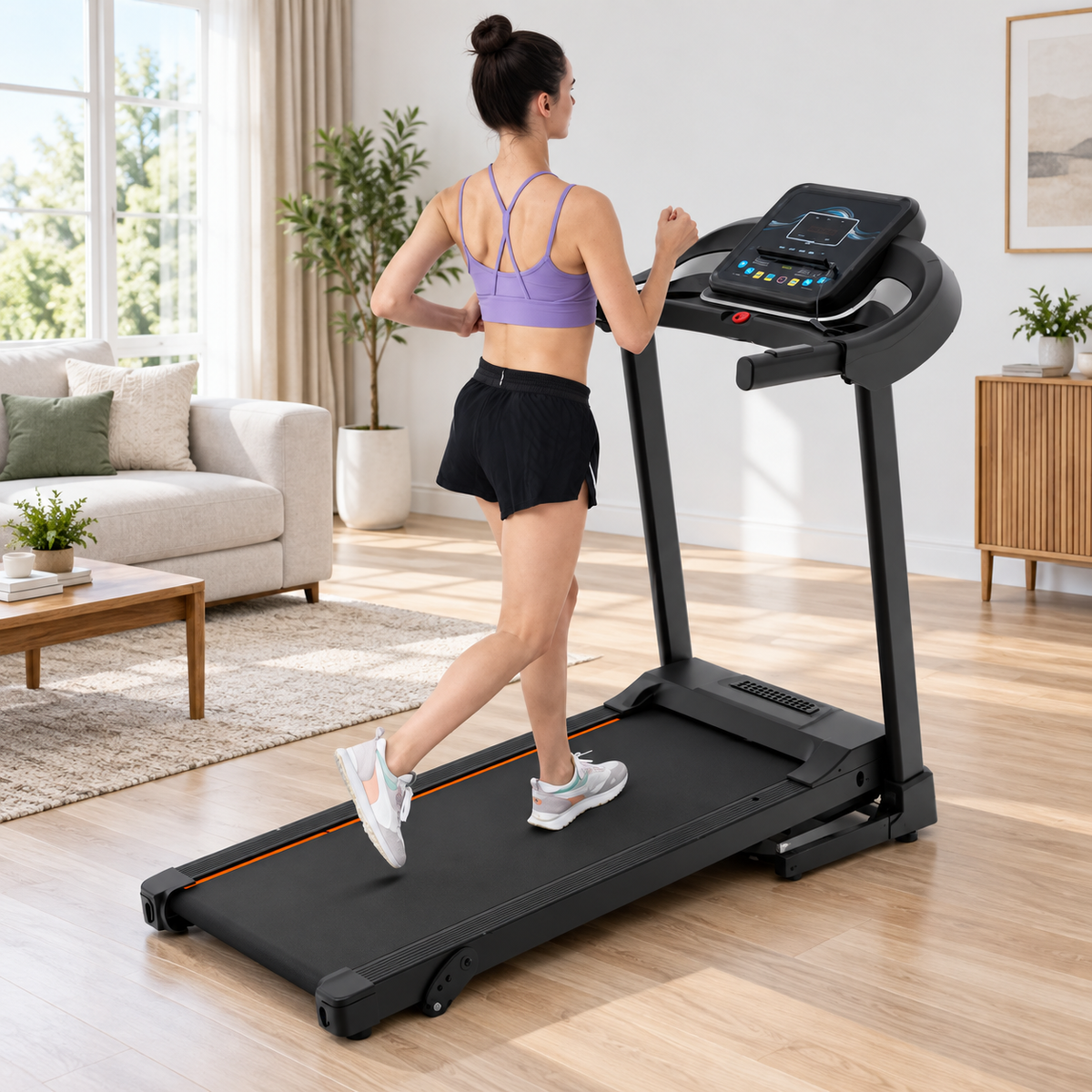 Woman using the Compact Easy Folding Treadmill in a bright home