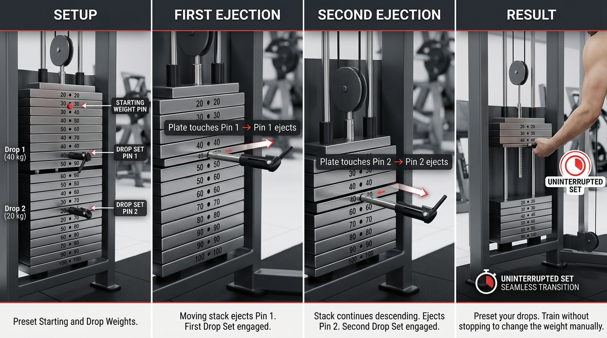 How two drop-set weight stack pins eject one by one during a drop set