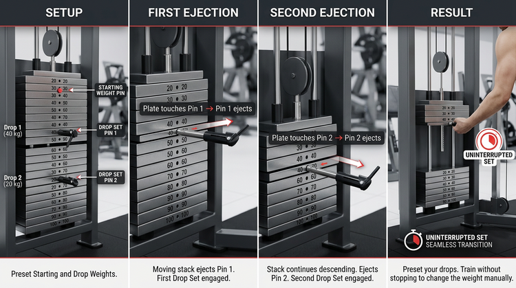 How two drop-set weight stack pins eject one by one during a drop set