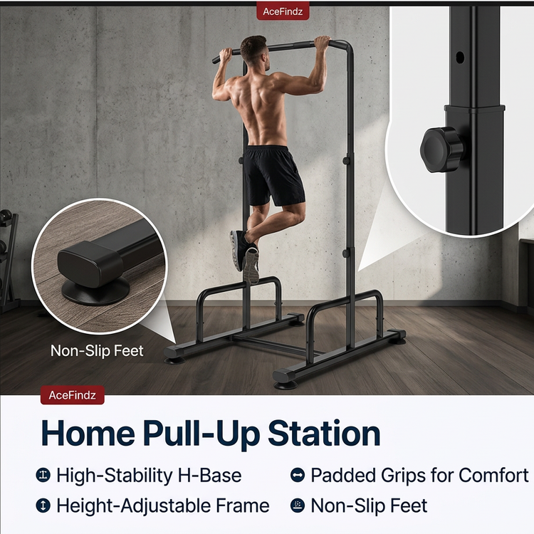 Home Pull-Up Station with non-slip feet, adjustable frame and padded grips
