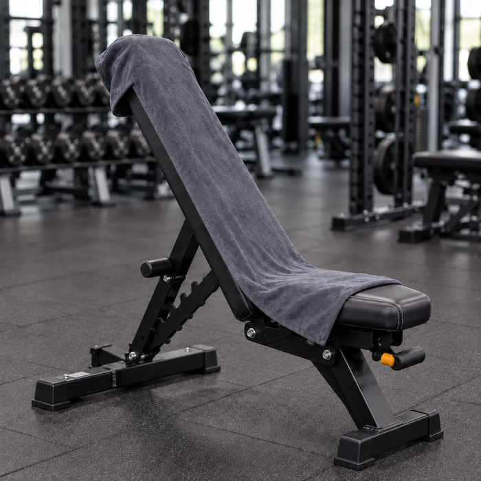Charcoal grey hooded gym towel covering the front of an incline workout bench