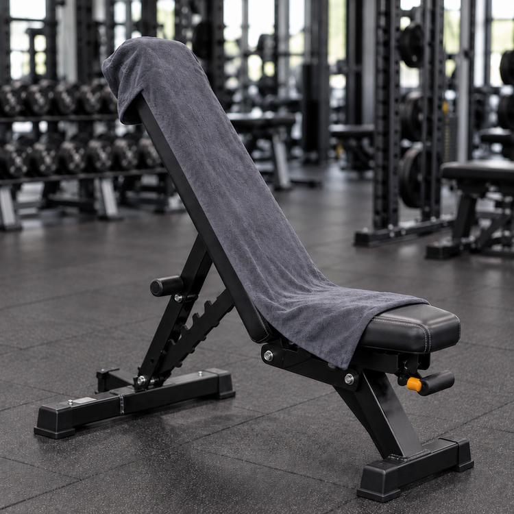 Charcoal grey hooded gym towel covering the front of an incline workout bench