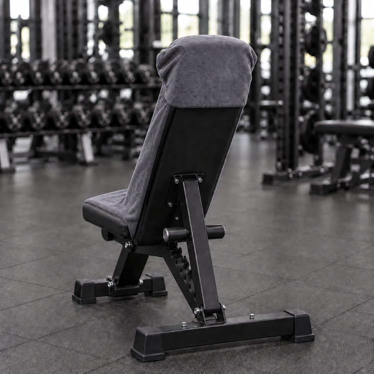 Charcoal grey hooded gym towel fitted securely over an incline bench, rear view