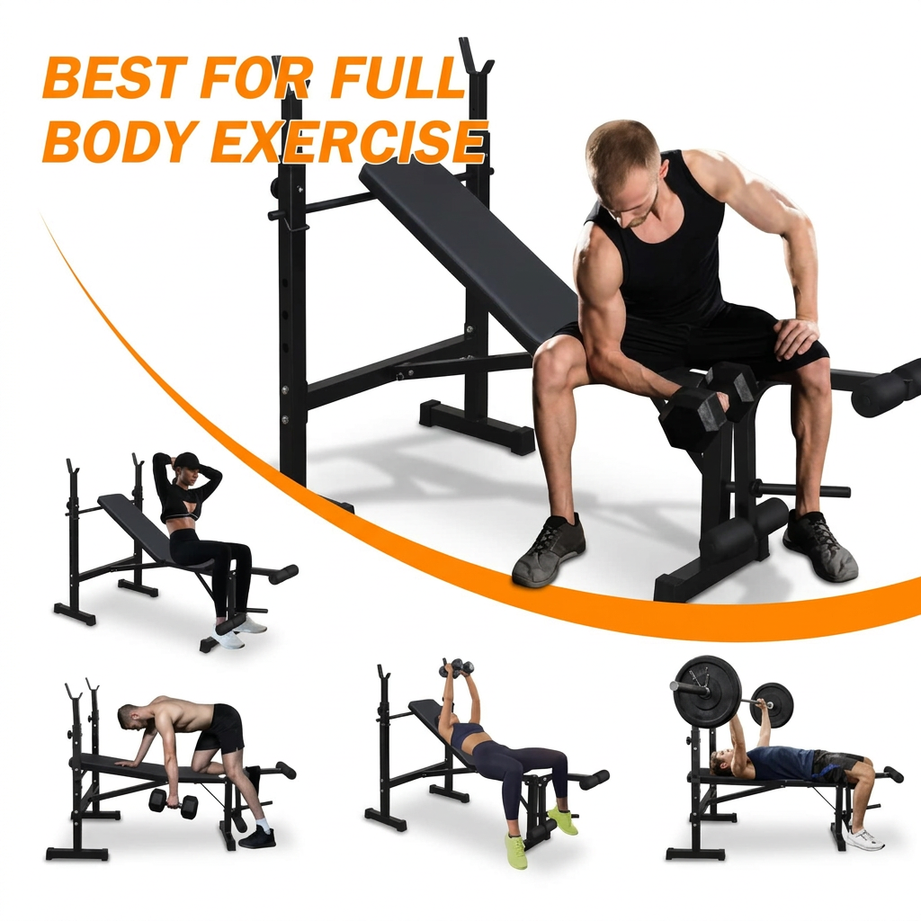 Adjustable bench press and squat rack exercise collage on a white background