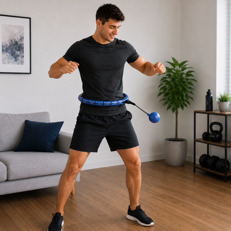 Man using blue smart counting hula hoop at home